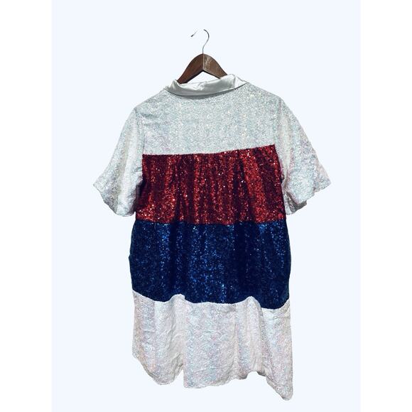 Peach Love Women’s Medium Sequin Dress Button Down Red White Blue Party Tunic - Picture 6 of 11